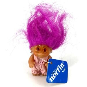 Vintage Norfin‎ DAM TROLL Pink Outfit with Purple Hair and Amber Eyes & Tag
